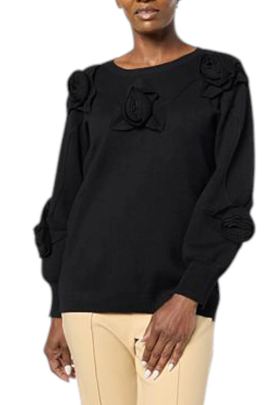 Antthony Women's 3-Dimensional Rosette Long-Sleeve Sweater Black - Regular